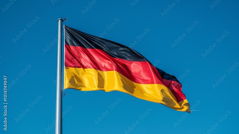German flag waving in the wind against a clear blue sky. German flag waving in the wind against a clear blue sky.