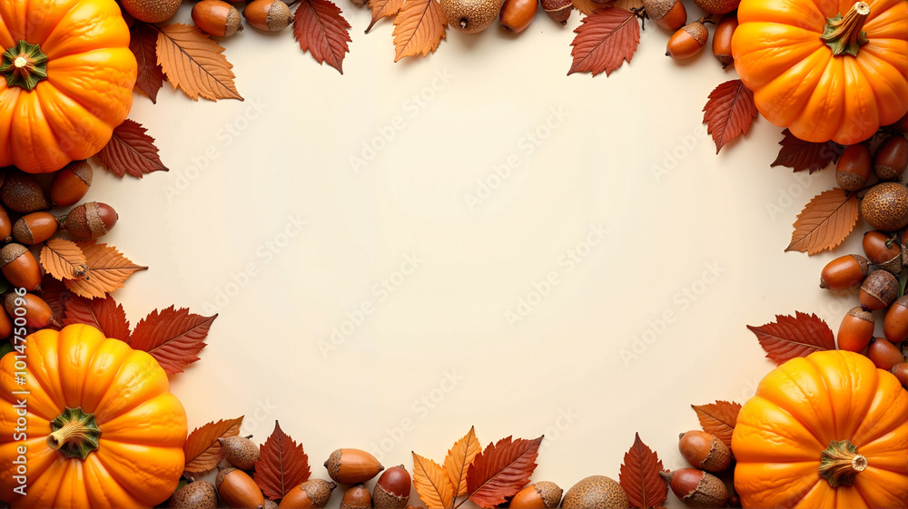 Acorns and pumpkins frame with autumn leaves Acorns and pumpkins frame with autumn leaves