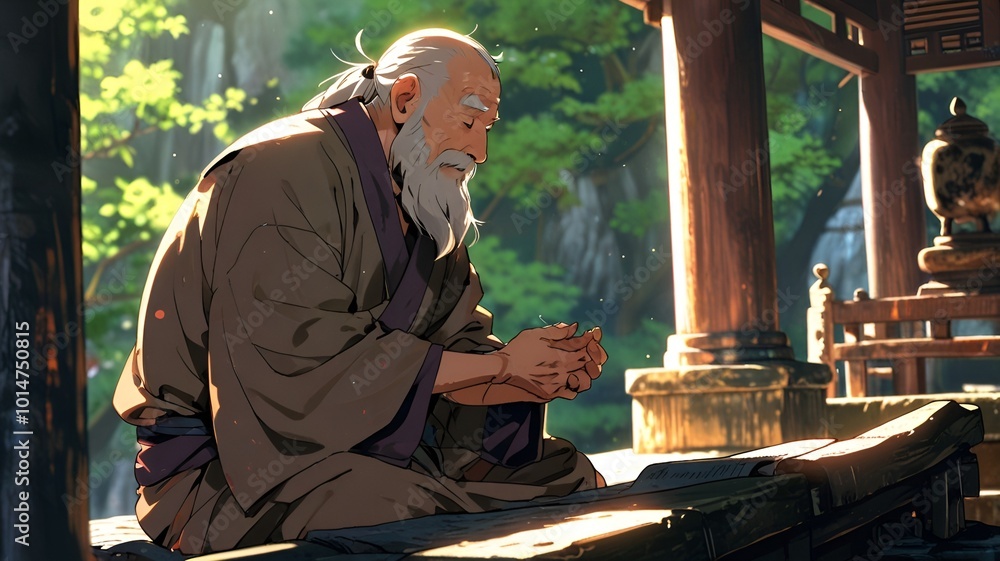 Fototapeta premium Takashi is a wise old monk with a long, flowing gray beard and a gentle smile. He wears simple robes that reflect his humble lifestyle. Often found meditating on the temple steps, he radiates tra
