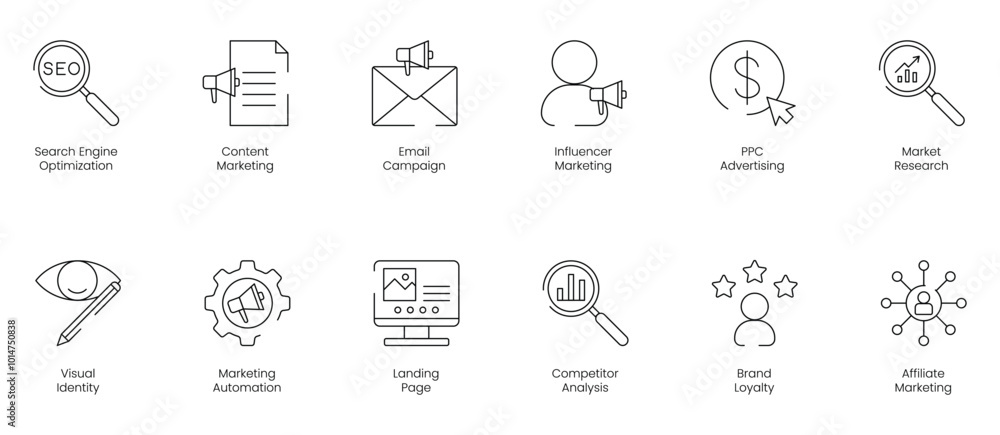 SEO and Content Marketing Icon Set Featuring Email Campaign, Influencer Marketing, PPC Advertising, Market Research, Visual Identity, Marketing Automation, Landing Page, Computer Analysis, Brand SEO and Content Marketing Icon Set Featuring Email Campaign, Influencer Marketing, PPC Advertising, Market Research, Visual Identity, Marketing Automation, Landing Page, Computer Analysis, Brand