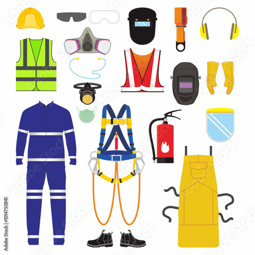 Set of safety body wear for industrial and construction work icon and symbol. Helmet, goggles, shoes, uniform, harness, welding shield.