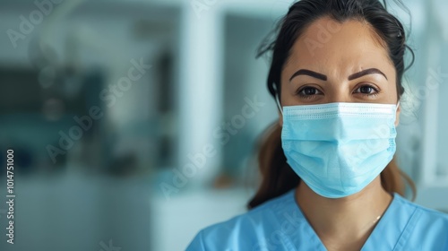 Portrait of a female healthcare worker wearing a surgical mask.