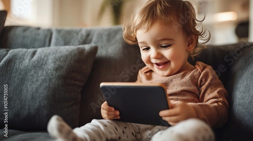 A little girl in a brown shirt is using a tablet while sitting on a couch.