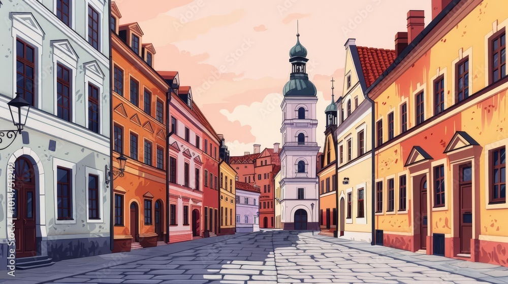 Obraz premium Charming cobblestone street in a European town with colorful buildings and a church tower.