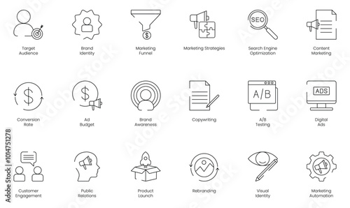 Target Audience and Brand Identity Icon Set Featuring Marketing Funnel, Marketing Strategies, SEO, Content Marketing, Conversion Rate, Ad Budget, Brand Awareness, Copywriting, AB Testing, Digital Ads