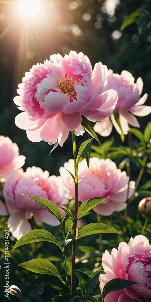 Obraz premium The vibrant peony blooms in shades of pink stand tall as the golden sun sets in the background, creating a serene and atmospheric landscape filled with warmth. Generative AI