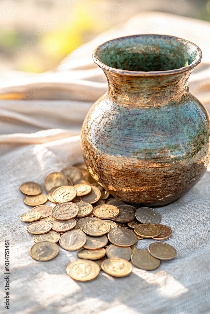 A Glass Pot Filled With Medieval Coins Displayed on a Table Outdoors During Bright Daylight A Glass Pot Filled With Medieval Coins Displayed on a Table Outdoors During Bright Daylight