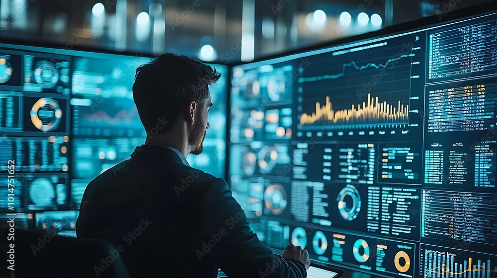 Businessman analyzing financial data on multiple monitors Businessman analyzing financial data on multiple monitors