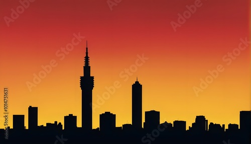 Silhouette of the Johannesburg skyline with the Hillbrow tower set against a rich red and yellow background, AI Generated