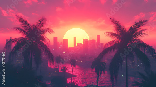 pink sunset in a city with skyscrapers