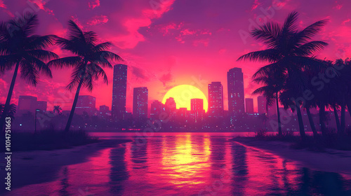 pink sunset in a city with skyscrapers