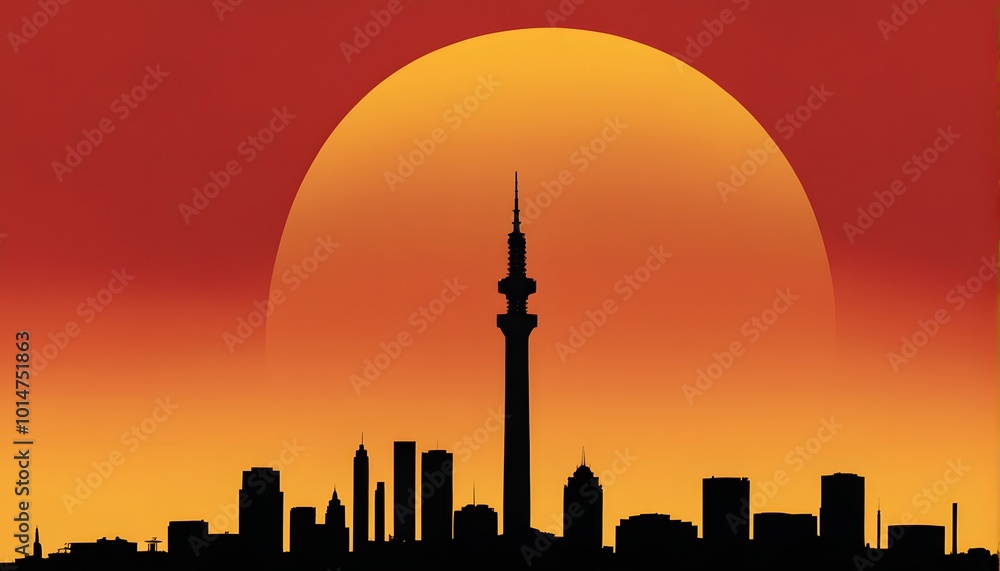 Obraz premium Silhouette of the Johannesburg skyline with the Hillbrow tower set against a rich red and yellow background, AI Generated