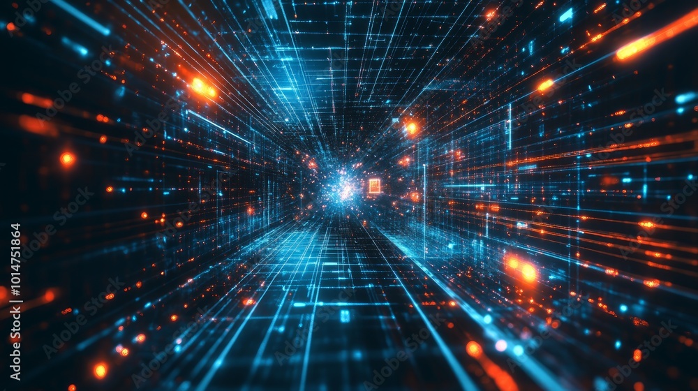 Abstract digital tunnel with glowing lines and particles. Abstract digital tunnel with glowing lines and particles.