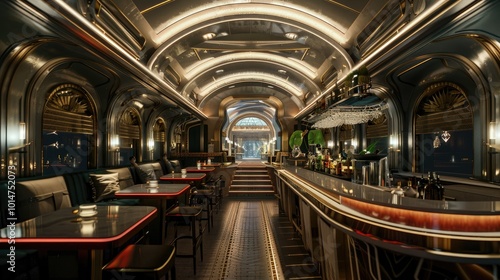 a bar set inside a train carriage, interior shot, art deco mix with futuristic 