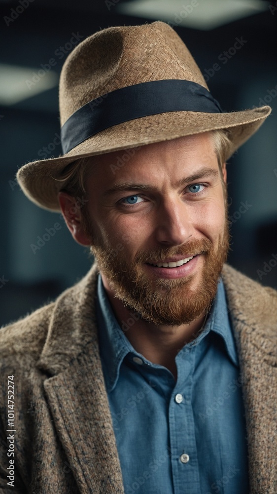 Middle-aged Caucasian man with thick red beard, wearing tan hat and blue collared shirt, smiling confidently Middle-aged Caucasian man with thick red beard, wearing tan hat and blue collared shirt, smiling confidently