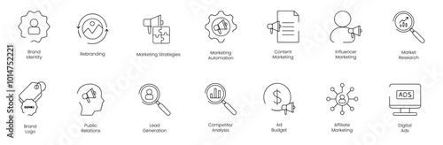 Brand Identity and Rebranding Icon Set with Marketing Strategies, Marketing Automation, Content Marketing, Influencer Marketing, Market Research, Brand Logo, Public Relations vector icon set
