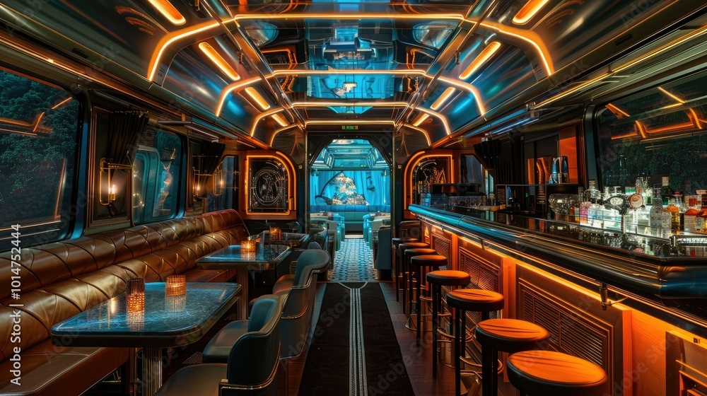 Fototapeta premium a bar set inside a train carriage, interior shot, art deco mix with futuristic 