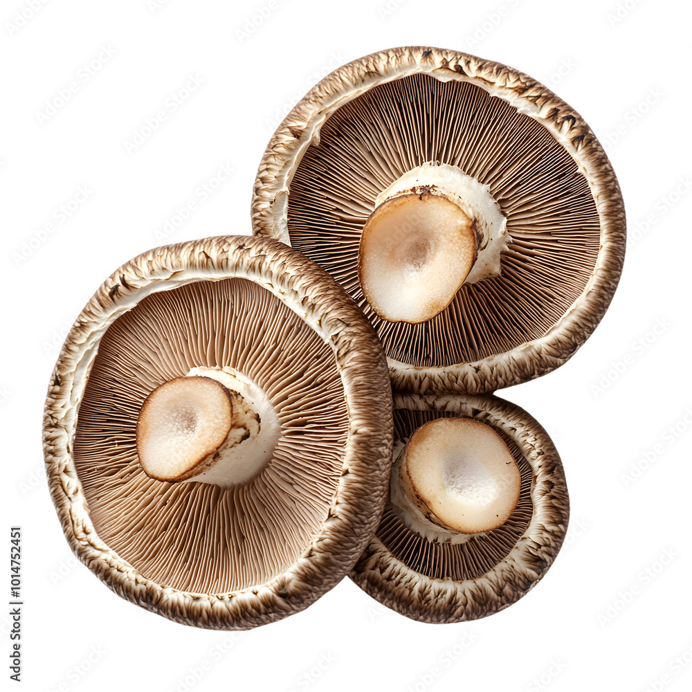 Close-up of fresh mushrooms with detailed patterns and natural textures on transparent background Close-up of fresh mushrooms with detailed patterns and natural textures on transparent background