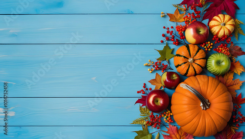  background with pumpkins on blue wooedn background with copy-space, autumn leaves, fall photo