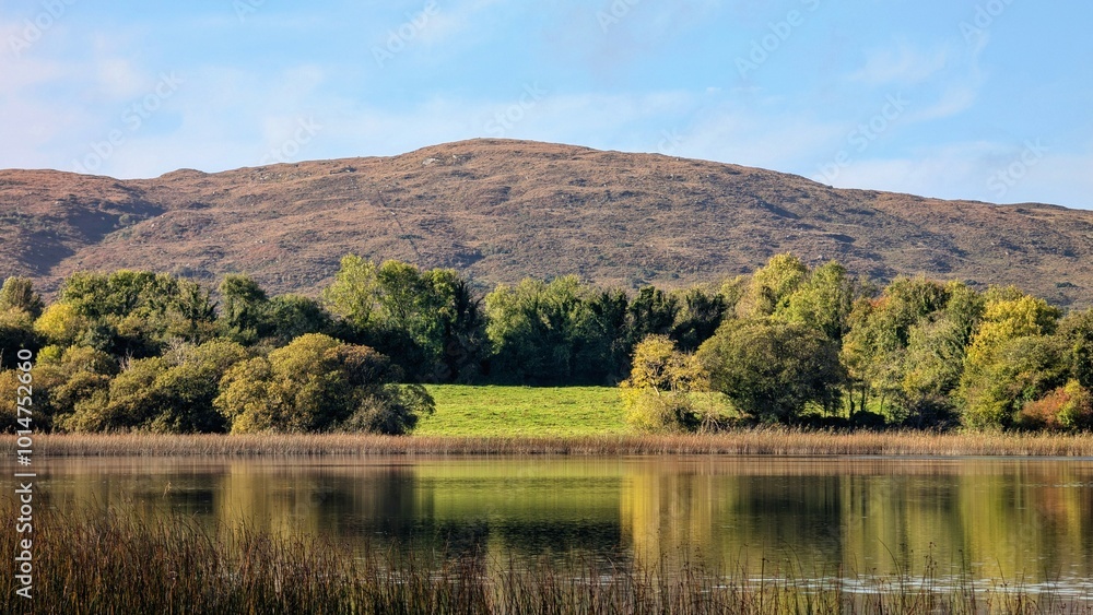 Beautiful morning lakeside landscape scenery, mountains reflected in Ross lake, county Galway, Ireland, nature background