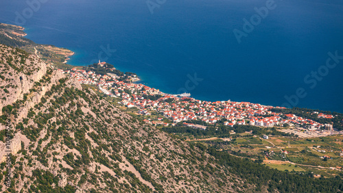 Bol on Brac island panoramic aerial view, Dalmatia, Croatia. Town of Bol from Vidova Gora aerial view, Island of Brac, Dalmatia, Croatia.