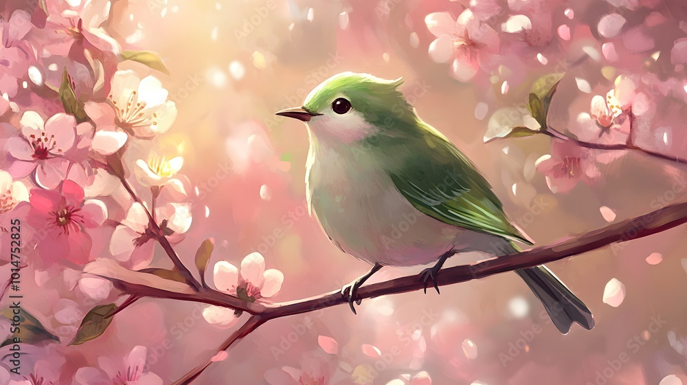 Bird sitting on a branch of a flowering tree, close-up photo Bird sitting on a branch of a flowering tree, close-up photo