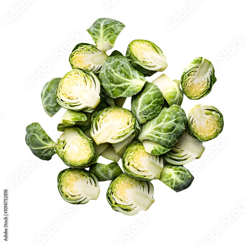 Fresh halved brussels sprouts on transparent background: vibrant green vegetables in modern culinary art