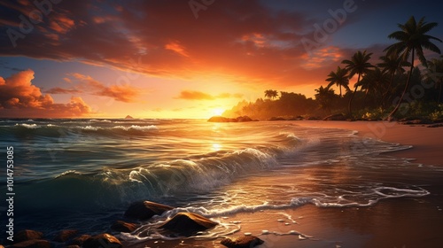 a tranquil beach at sunset, with golden hues reflecting on the calm ocean waters 
