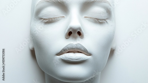 A serene white mannequin's face with closed eyes and calm expression against a plain background