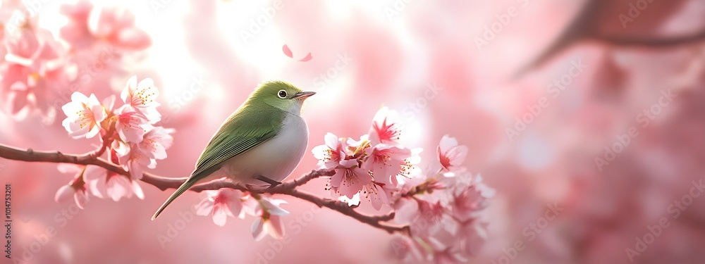 Bird sitting on a branch of a flowering tree, close-up photo