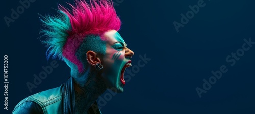 Captivating and colorful, a woman with a striking mohawk hairstyle covered in tattoos screams boldly, exuding energy in a vivid composition against a rich blue background. photo