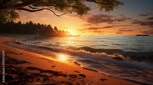 a tranquil beach at sunset, with golden hues reflecting on the calm ocean waters 