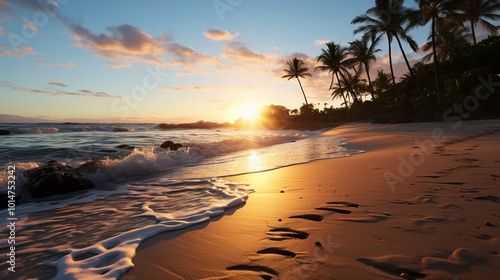 a tranquil beach at sunset, with golden hues reflecting on the calm ocean waters 