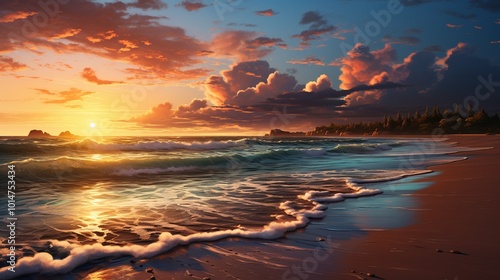 a tranquil beach at sunset, with golden hues reflecting on the calm ocean waters 