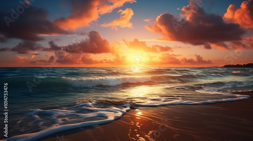 a tranquil beach at sunset, with golden hues reflecting on the calm ocean waters 