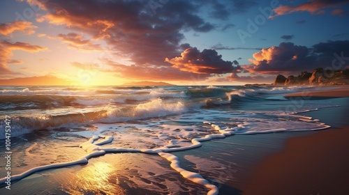 a tranquil beach at sunset, with golden hues reflecting on the calm ocean waters 