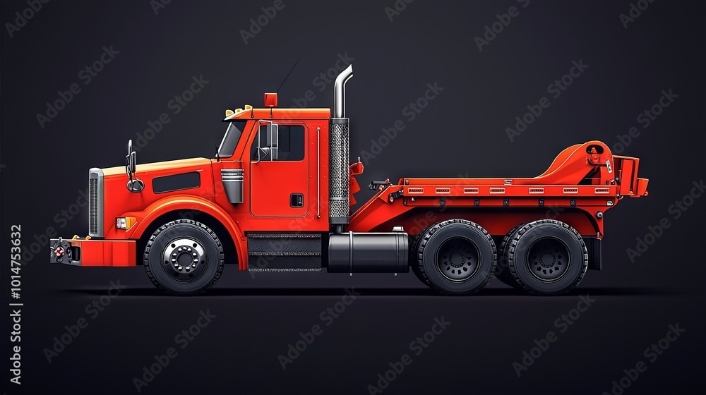 Fototapeta premium Red heavy duty tow truck isolated on black background