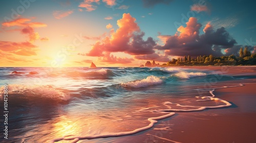 a tranquil beach at sunset, with golden hues reflecting on the calm ocean waters 