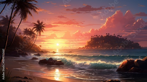 a tranquil beach at sunset, with golden hues reflecting on the calm ocean waters 