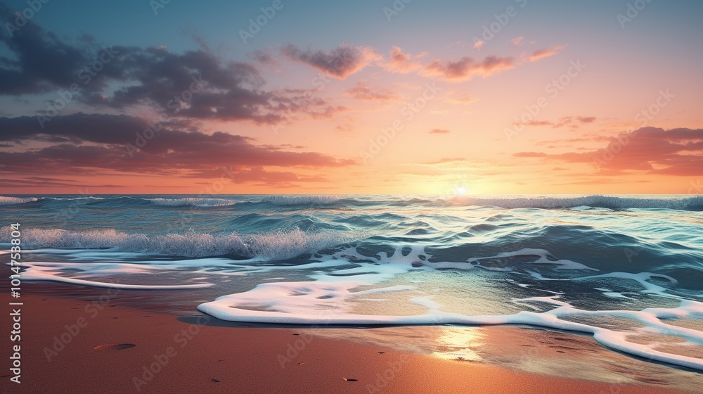 a tranquil beach at sunset, with golden hues reflecting on the calm ocean waters a tranquil beach at sunset, with golden hues reflecting on the calm ocean waters