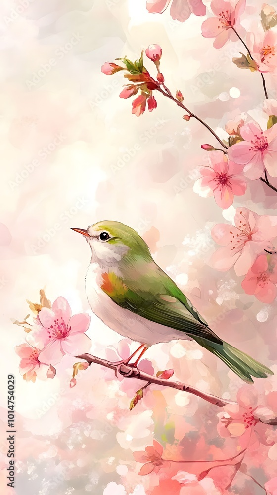 Bird sitting on a branch of a flowering tree, close-up photo Bird sitting on a branch of a flowering tree, close-up photo