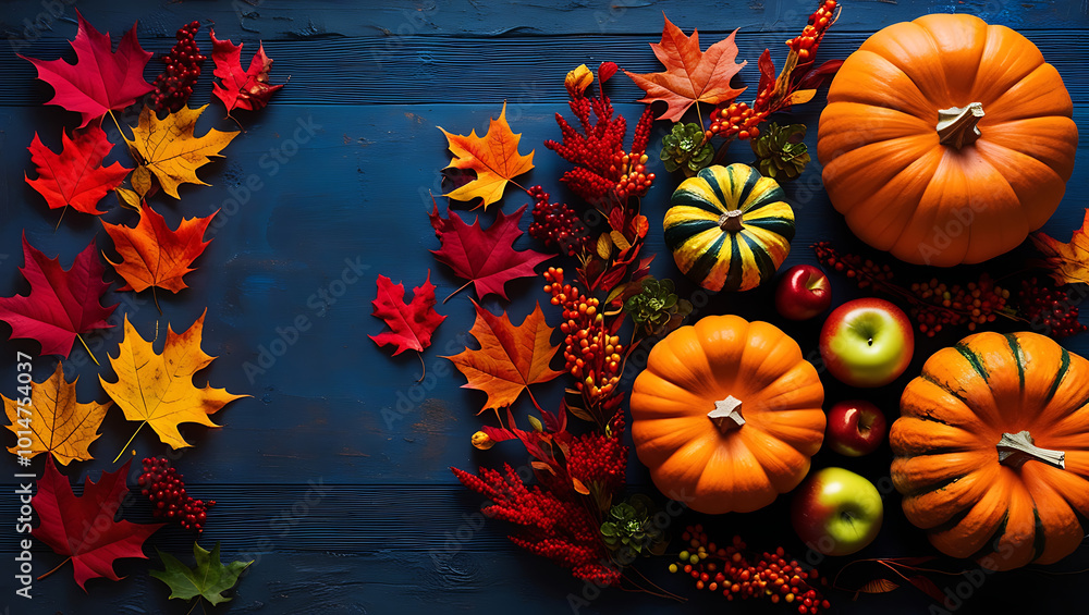 background with pumpkins on blue wooedn background with copy-space, autumn leaves, fall background with pumpkins on blue wooedn background with copy-space, autumn leaves, fall