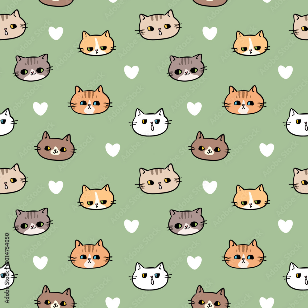 Obraz premium Seamless Pattern with Cartoon Cat Face and Heart Design on Green Background