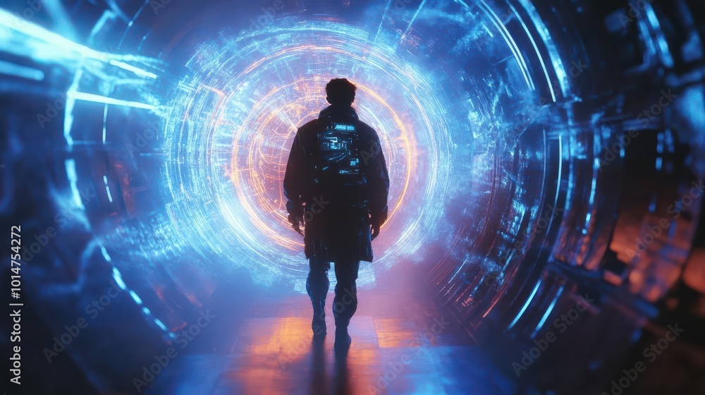An illustration of a time traveler walking towards a circular time portal An illustration of a time traveler walking towards a circular time portal