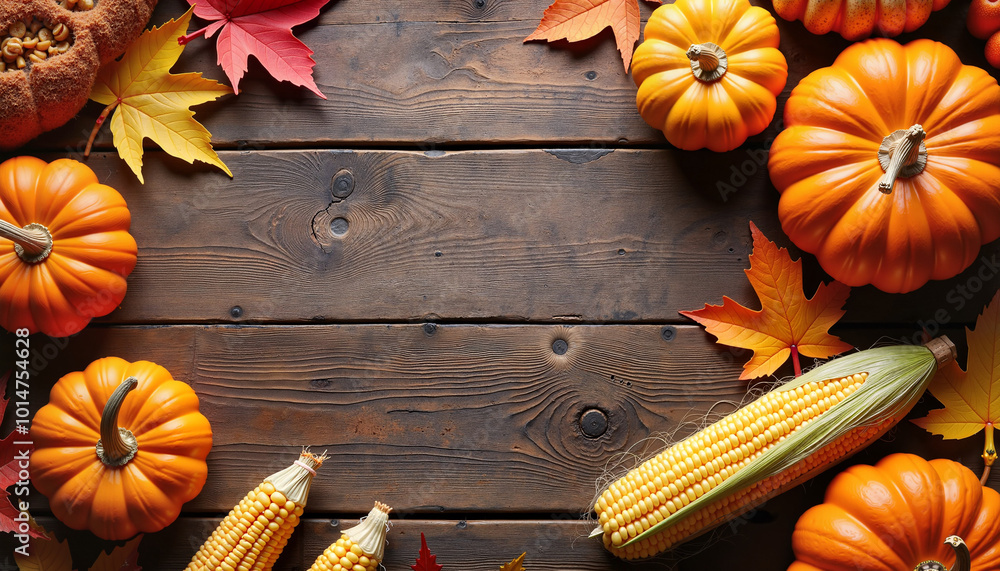 Autumn harvest with pumpkins and corn on rustic wooden background for Thanksgiving decor
Autumn harvest with pumpkins and corn on rustic wooden background for Thanksgiving decor