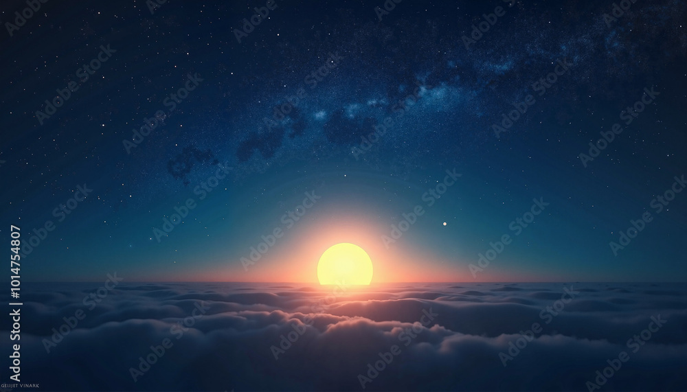 Majestic sunrise above the clouds with a starry sky for serene landscapes Majestic sunrise above the clouds with a starry sky for serene landscapes