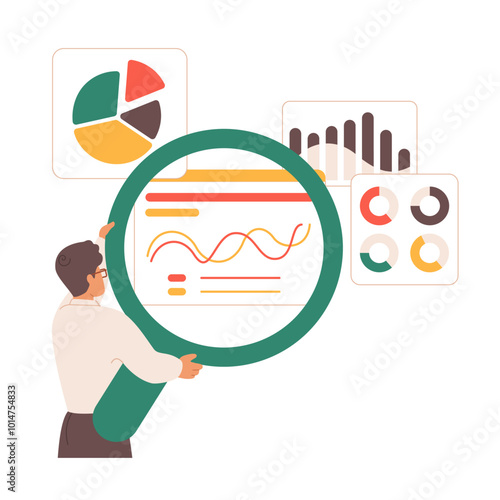 Benchmark performance or KPI key performance indicator measurement. Tiny man monitoring analysis charts with big magnifying glass to evaluate information results, quality cartoon vector illustration