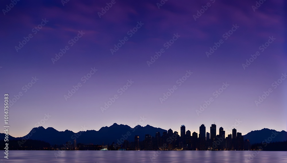 Obraz premium Silhouette of the Vancouver skyline with mountains in the background under a deep blue and purple sunset, Ai Generated