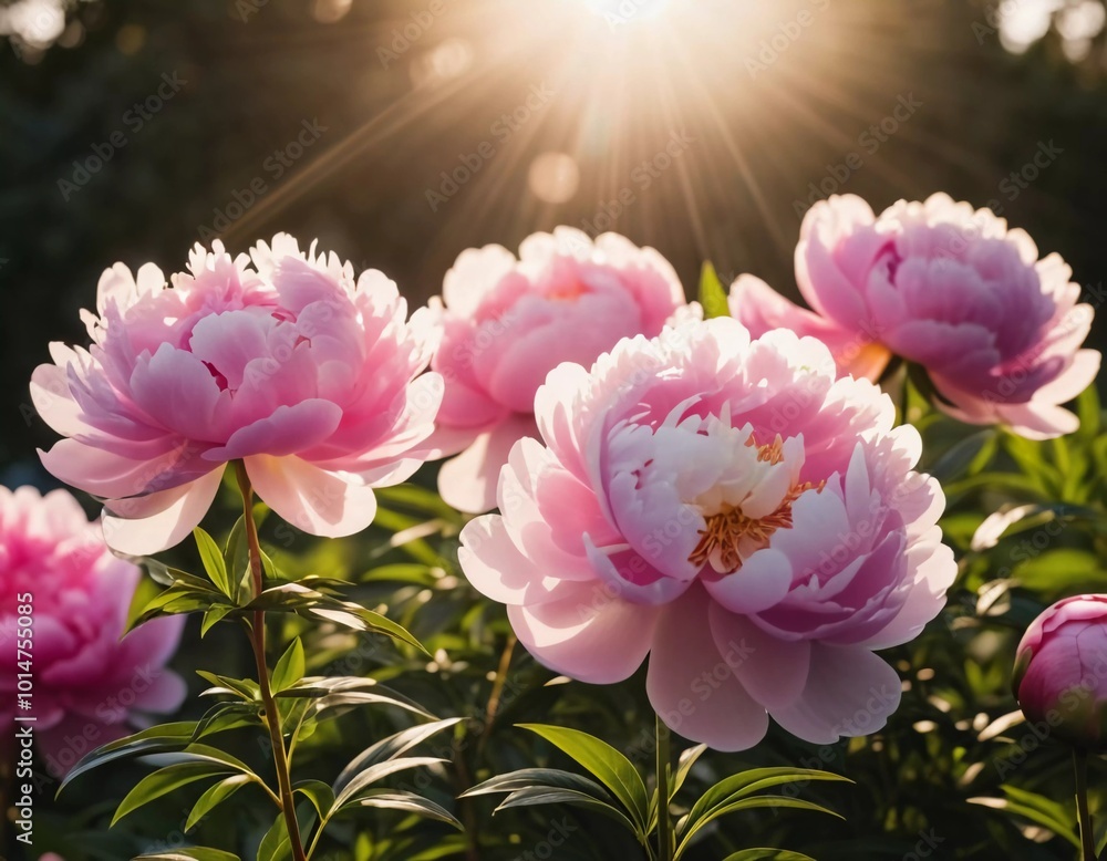 The vibrant peony blooms in shades of pink stand tall as the golden sun sets in the background, creating a serene and atmospheric landscape filled with warmth. Generative AI The vibrant peony blooms in shades of pink stand tall as the golden sun sets in the background, creating a serene and atmospheric landscape filled with warmth. Generative AI