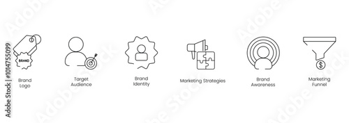 Brand Logo and Target Audience Icon Set with Brand Identity, Marketing Strategies, Brand Awareness, and Marketing Funnel